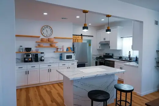 Modern kitchen with island at Bridges Recovery Co-Ed Sober Living Homes Los Angeles, a sober living home in Los Angeles.